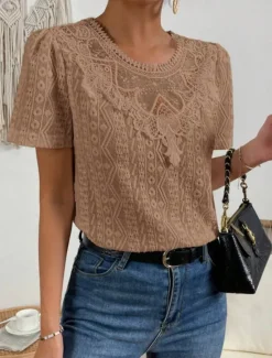 Online Women's T Shirt Plain Fashion Modern Casual Short Sleeve Crew Neck Regular Tops Daily Weekend Lace Patchwork Black White Pink Blue Khaki Summer Women Lace Tops