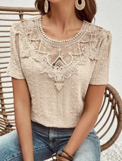 Online Women's T Shirt Plain Fashion Modern Casual Short Sleeve Crew Neck Regular Tops Daily Weekend Lace Patchwork Black White Pink Blue Khaki Summer Women Lace Tops