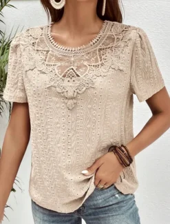 Online Women's T Shirt Plain Fashion Modern Casual Short Sleeve Crew Neck Regular Tops Daily Weekend Lace Patchwork Black White Pink Blue Khaki Summer Women Lace Tops