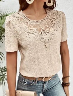 Online Women's T Shirt Plain Fashion Modern Casual Short Sleeve Crew Neck Regular Tops Daily Weekend Lace Patchwork Black White Pink Blue Khaki Summer Women Lace Tops
