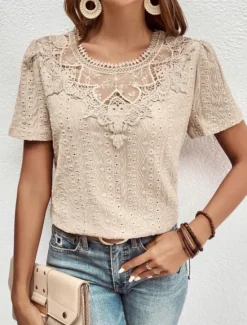 Online Women's T Shirt Plain Fashion Modern Casual Short Sleeve Crew Neck Regular Tops Daily Weekend Lace Patchwork Black White Pink Blue Khaki Summer Women Lace Tops