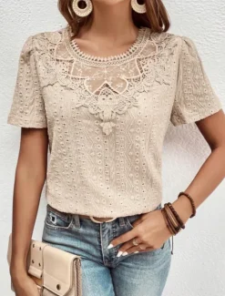 Online Women's T Shirt Plain Fashion Modern Casual Short Sleeve Crew Neck Regular Tops Daily Weekend Lace Patchwork Black White Pink Blue Khaki Summer Women Lace Tops