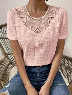 Online Women's T Shirt Plain Fashion Modern Casual Short Sleeve Crew Neck Regular Tops Daily Weekend Lace Patchwork Black White Pink Blue Khaki Summer Women Lace Tops