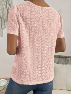 Online Women's T Shirt Plain Fashion Modern Casual Short Sleeve Crew Neck Regular Tops Daily Weekend Lace Patchwork Black White Pink Blue Khaki Summer Women Lace Tops