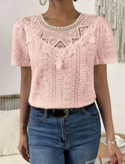 Online Women's T Shirt Plain Fashion Modern Casual Short Sleeve Crew Neck Regular Tops Daily Weekend Lace Patchwork Black White Pink Blue Khaki Summer Women Lace Tops