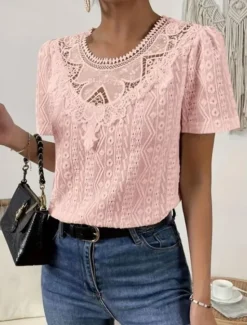 Online Women's T Shirt Plain Fashion Modern Casual Short Sleeve Crew Neck Regular Tops Daily Weekend Lace Patchwork Black White Pink Blue Khaki Summer Women Lace Tops