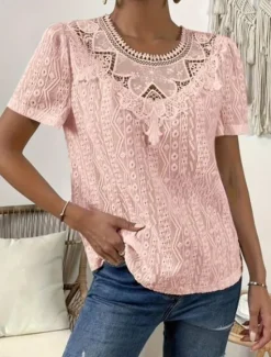 Online Women's T Shirt Plain Fashion Modern Casual Short Sleeve Crew Neck Regular Tops Daily Weekend Lace Patchwork Black White Pink Blue Khaki Summer Women Lace Tops