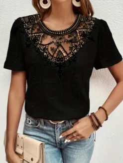 Online Women's T Shirt Plain Fashion Modern Casual Short Sleeve Crew Neck Regular Tops Daily Weekend Lace Patchwork Black White Pink Blue Khaki Summer Women Lace Tops