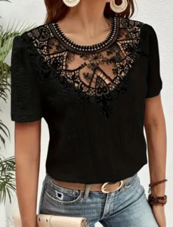 Online Women's T Shirt Plain Fashion Modern Casual Short Sleeve Crew Neck Regular Tops Daily Weekend Lace Patchwork Black White Pink Blue Khaki Summer Women Lace Tops