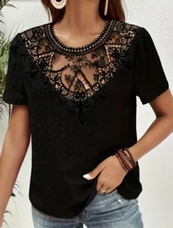 Online Women's T Shirt Plain Fashion Modern Casual Short Sleeve Crew Neck Regular Tops Daily Weekend Lace Patchwork Black White Pink Blue Khaki Summer Women Lace Tops