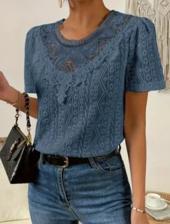 Online Women's T Shirt Plain Fashion Modern Casual Short Sleeve Crew Neck Regular Tops Daily Weekend Lace Patchwork Black White Pink Blue Khaki Summer Women Lace Tops
