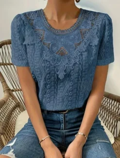 Online Women's T Shirt Plain Fashion Modern Casual Short Sleeve Crew Neck Regular Tops Daily Weekend Lace Patchwork Black White Pink Blue Khaki Summer Women Lace Tops