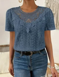 Online Women's T Shirt Plain Fashion Modern Casual Short Sleeve Crew Neck Regular Tops Daily Weekend Lace Patchwork Black White Pink Blue Khaki Summer Women Lace Tops