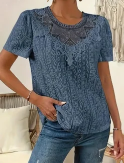 Online Women's T Shirt Plain Fashion Modern Casual Short Sleeve Crew Neck Regular Tops Daily Weekend Lace Patchwork Black White Pink Blue Khaki Summer Women Lace Tops