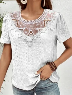 Online Women's T Shirt Plain Fashion Modern Casual Short Sleeve Crew Neck Regular Tops Daily Weekend Lace Patchwork Black White Pink Blue Khaki Summer Women Lace Tops