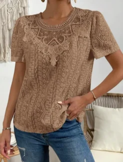Online Women's T Shirt Plain Fashion Modern Casual Short Sleeve Crew Neck Regular Tops Daily Weekend Lace Patchwork Black White Pink Blue Khaki Summer Women Lace Tops