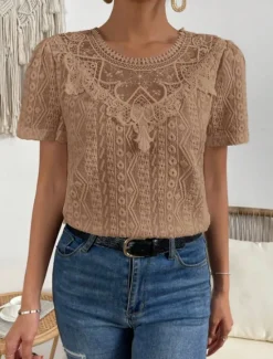 Online Women's T Shirt Plain Fashion Modern Casual Short Sleeve Crew Neck Regular Tops Daily Weekend Lace Patchwork Black White Pink Blue Khaki Summer Women Lace Tops