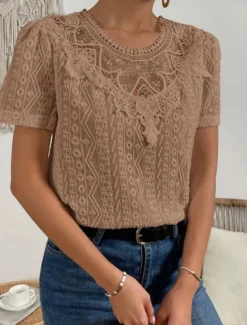 Online Women's T Shirt Plain Fashion Modern Casual Short Sleeve Crew Neck Regular Tops Daily Weekend Lace Patchwork Black White Pink Blue Khaki Summer Women Lace Tops