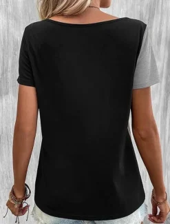 New Women's T Shirt Plain Modern Casual Short Sleeve V Neck Regular Tops Daily Weekend Patchwork Buttons Khaki Gray Summer Women T-Shirts