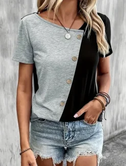 New Women's T Shirt Plain Modern Casual Short Sleeve V Neck Regular Tops Daily Weekend Patchwork Buttons Khaki Gray Summer Women T-Shirts