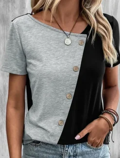 New Women's T Shirt Plain Modern Casual Short Sleeve V Neck Regular Tops Daily Weekend Patchwork Buttons Khaki Gray Summer Women T-Shirts