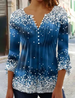 Discount Women's T Shirt Plus Size Shirt T Shirt Henley Shirt Blouse Graphic Polka Dot Flower Basic Long Sleeve Round Neck Regular Tops Casual Weekend Buttons Print Denim Blue Grass Green Black Yellow Light Women Tunic Tops