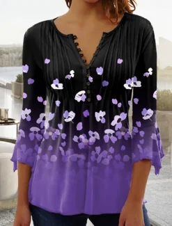 Discount Women's T Shirt Plus Size Shirt T Shirt Henley Shirt Blouse Graphic Polka Dot Flower Basic Long Sleeve Round Neck Regular Tops Casual Weekend Buttons Print Denim Blue Grass Green Black Yellow Light Women Tunic Tops
