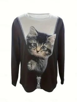Best Women's T Shirt Pullover Casual Cat Street Casual Round Neck Print Long Sleeve Winter Spring & Fall Women Hoodies & Sweatshirts