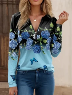 Outlet Women's T Shirt Quarter Zip Long Sleeve Casual Elegant Butterfly Regular Tops Crew Neck Daily Black White Navy Blue Blue Purple Spring Fall & Winter Women T-Shirts