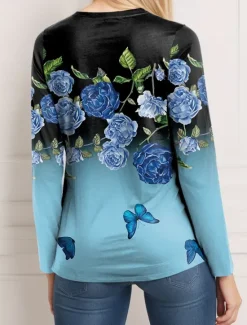 Outlet Women's T Shirt Quarter Zip Long Sleeve Casual Elegant Butterfly Regular Tops Crew Neck Daily Black White Navy Blue Blue Purple Spring Fall & Winter Women T-Shirts