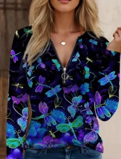 Outlet Women's T Shirt Quarter Zip Long Sleeve Casual Elegant Butterfly Regular Tops Crew Neck Daily Black White Navy Blue Blue Purple Spring Fall & Winter Women T-Shirts