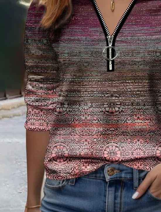 Best Women's T Shirt Quarter Zip Long Sleeve Casual Graphic V Neck Half Zip Regular Tops Daily Print Blue Green Spring & Fall Women Boho Tops