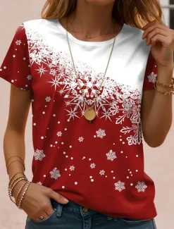 Discount Women's T shirt Snowflake Gradient Print Short Sleeve Round Neck Casual Summer Top White Comfort Fit Daily Wear Holiday Fashion Women T-Shirts