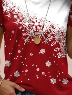 Discount Women's T shirt Snowflake Gradient Print Short Sleeve Round Neck Casual Summer Top White Comfort Fit Daily Wear Holiday Fashion Women T-Shirts