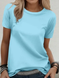 Women's T Shirt Solid Color Plain Stylish Casual Short Sleeve Round Neck Regular Tops Daily Weekend Print Black White Wine Sky Blue Dusty Blue Summer Spring Women T-Shirts