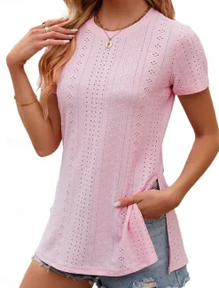 Women's T Shirt Solid Color Elegant Stylish Short Sleeve Crew Neck Regular Tops Daily Going out Eyelet White Red Summer Women Lace Tops