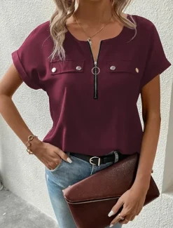 Discount Women's T Shirt Solid Color Plain Fashion Modern Casual Short Sleeve Crew Neck Regular Tops Daily Weekend Zipper Buttons Black Wine Blue Purple Summer Women T-Shirts