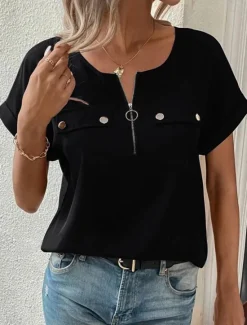 Discount Women's T Shirt Solid Color Plain Fashion Modern Casual Short Sleeve Crew Neck Regular Tops Daily Weekend Zipper Buttons Black Wine Blue Purple Summer Women T-Shirts
