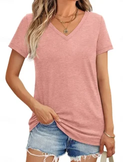 Best Women's T Shirt Solid Color Plain Basic Basic Casual Short Sleeve V Neck Regular Tops Daily Print Summer Women T-Shirts