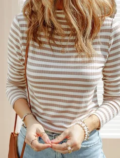 Outlet Women's T Shirt Striped Fashion Long Sleeve High Neck Regular Tops Vacation Daily Print Black Yellow Pink Orange Fall & Winter Women T-Shirts