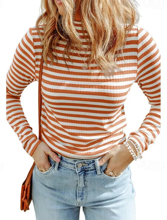 Outlet Women's T Shirt Striped Fashion Long Sleeve High Neck Regular Tops Vacation Daily Print Black Yellow Pink Orange Fall & Winter Women T-Shirts