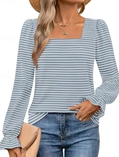 Online Women's T Shirt Striped Fashion Modern Casual Long Sleeve Square Neck Regular Tops Daily Weekend Black Light Blue Spring Fall Women T-Shirts