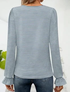 Online Women's T Shirt Striped Fashion Modern Casual Long Sleeve Square Neck Regular Tops Daily Weekend Black Light Blue Spring Fall Women T-Shirts
