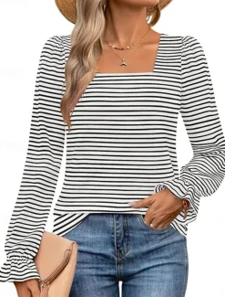 Online Women's T Shirt Striped Fashion Modern Casual Long Sleeve Square Neck Regular Tops Daily Weekend Black Light Blue Spring Fall Women T-Shirts