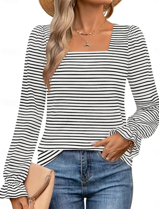 Online Women's T Shirt Striped Fashion Modern Casual Long Sleeve Square Neck Regular Tops Daily Weekend Black Light Blue Spring Fall Women T-Shirts