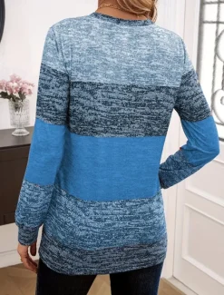 Hot Women's T Shirt Striped Fashion Modern Casual Long Sleeve Crew Neck Regular Tops Daily Weekend Patchwork Buttons Print Yellow Red Royal Blue Fall Winter Women T-Shirts