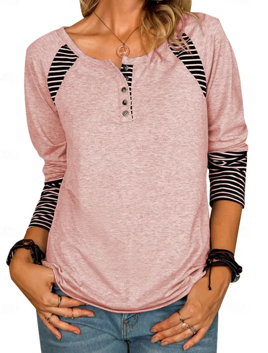 Discount Women's T Shirt Striped Fashion Long Sleeve Round Neck Long Tops Daily Weekend Buttons Print Black Pink Brown Gray Spring & Fall Women T-Shirts