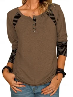 Discount Women's T Shirt Striped Fashion Long Sleeve Round Neck Long Tops Daily Weekend Buttons Print Black Pink Brown Gray Spring & Fall Women T-Shirts