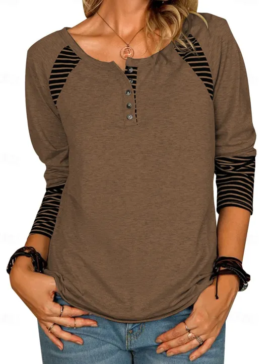 Discount Women's T Shirt Striped Fashion Long Sleeve Round Neck Long Tops Daily Weekend Buttons Print Black Pink Brown Gray Spring & Fall Women T-Shirts