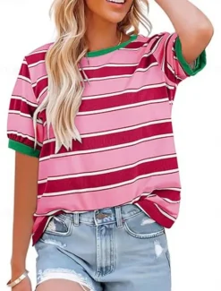 Outlet Women's T Shirt Striped Fashion Stylish Classic Short Sleeve Crew Neck Regular Tops Daily Weekend Print Black Pink Red Fuchsia Green Summer Spring Women T-Shirts